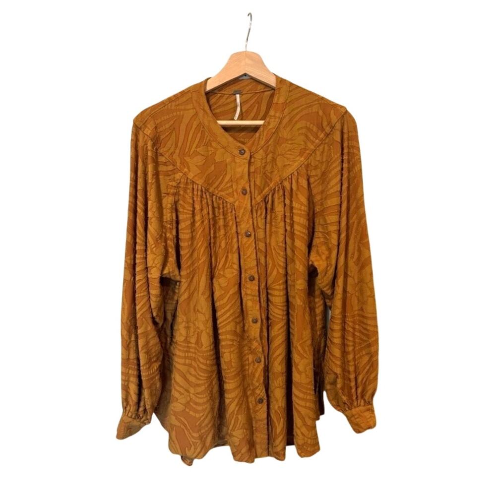 Free People Cant Stop Dreaming Tunic Top Womens Size Med Mustard Yellow Textured